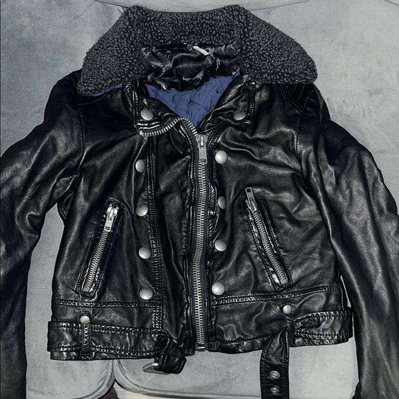 Black Leather Jacket with Shearling Collar - Picture 1 of 4